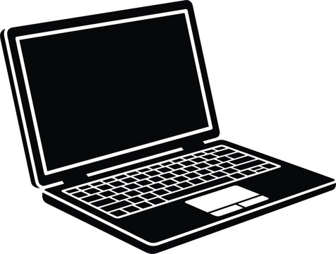 Open laptop computer black silhouette icon featuring perspective view keyboard trackpad and blank display screen element