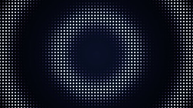 Abstract circular grid pattern of glowing white dots on a deep black background