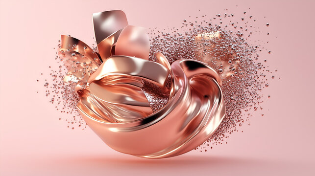 Fluid metallic forms in rose gold tones on a pastel pink background. Elegant and glossy abstract shapes with modern minimalism and soft surreal vibes. Luxury digital art with aesthetic flow.