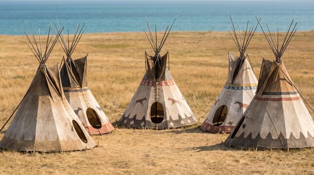 Native American teepees in North America, peaceful wilderness atmosphere