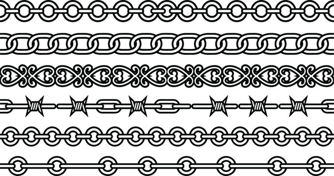 Seamless metallic chain brush vector collection featuring barbed wire and ornamental link pattern borders for framing designs