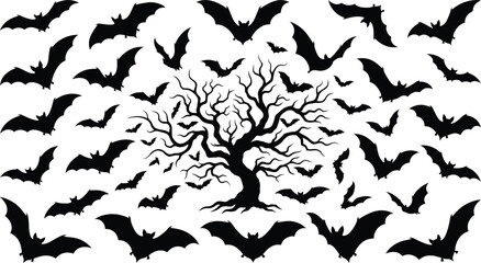 Fototapeta premium Bare tree silhouette surrounded by flying bats on a white background