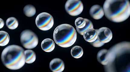 Obraz premium Bubbles floating in a dark void display vibrant rainbow light refractions on their thin spherical surfaces to create a dynamic composition of liquid spheres suspended in a deep empty space.