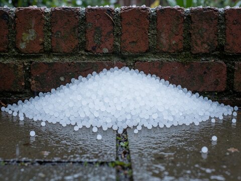 Pile of hailstones accumulated against brick wall