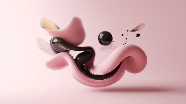 Abstract fluid shapes with glossy spheres and splashes in rose gold, black, and pastel pink tones. Elegant and minimal 3D composition with modern glam and soft visual flow.