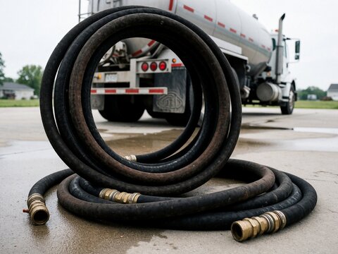 Coiled industrial hose with brass fittings in front of tanker