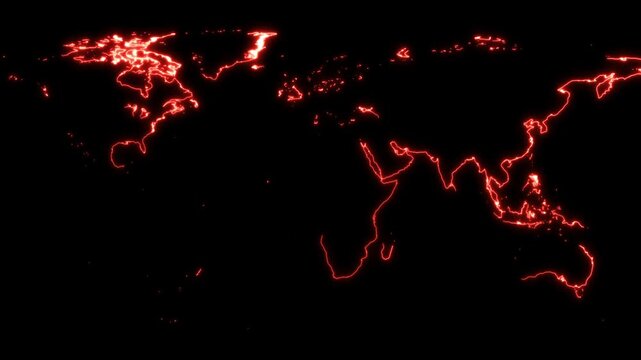 Red outline of world map glows against a dark futuristic background. Global digital connection lines cover the outline of world map. High tech planetary tracking spans this outline of world map.