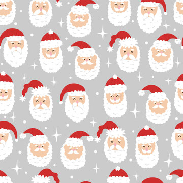 Seamless print with funny cute head Santa Claus