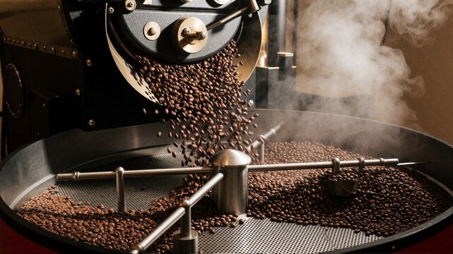 Freshly roasted coffee beans falling from industrial roaster