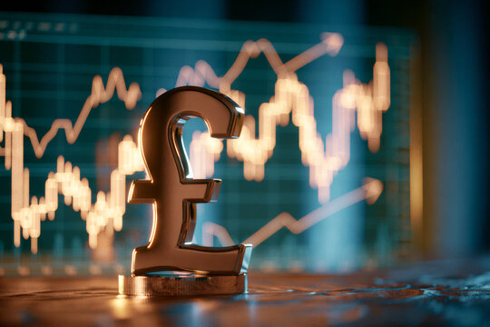 British pound symbol on financial chart with glowing market line