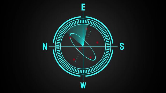 Futuristic compass HUD navigates coordinates with glowing cardinal dots. High tech digital telemetry drives the compass HUD. Cyber user interface guides this futuristic compass HUD.