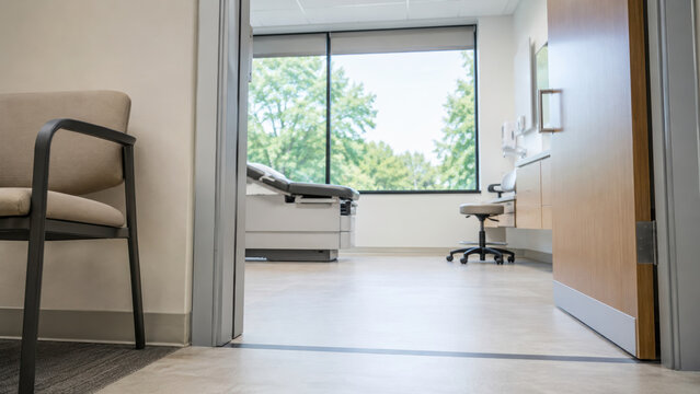 Modern medical exam room with beige chair, exam table, rolling stool, large window, and natural light, creating calm and welcoming atmosphere