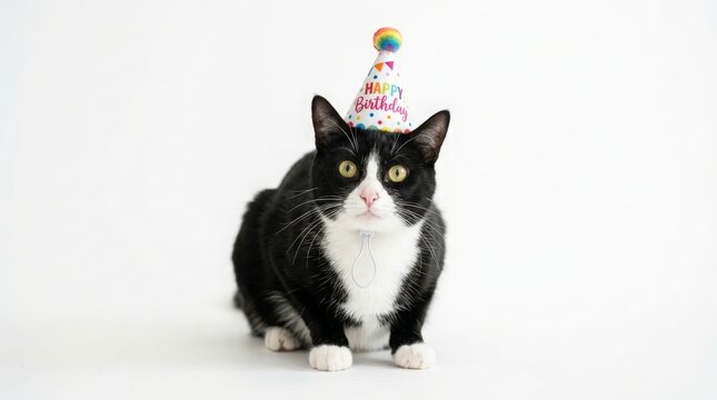 Adorable Cats and Kittens Wearing Birthday Party Hats Isolated on White Background