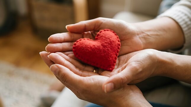 Couple holding red felt heart in hands for love and support.
