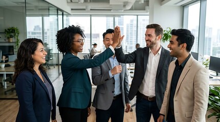 Obraz premium Diverse professional team giving a high five to celebrate office success