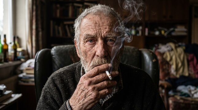 Authentic cinematic portrait of a serious elderly man with a white beard smoking a cigarette in a messy indoor environment