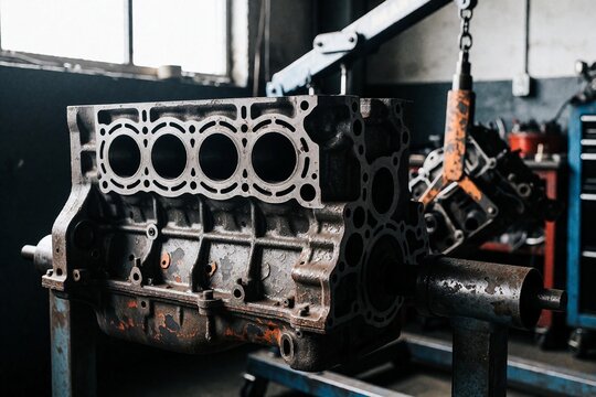 Four-cylinder engine block on stand in auto workshop