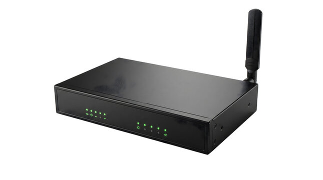 Isolated firewall router device with glowing green LEDs on white background