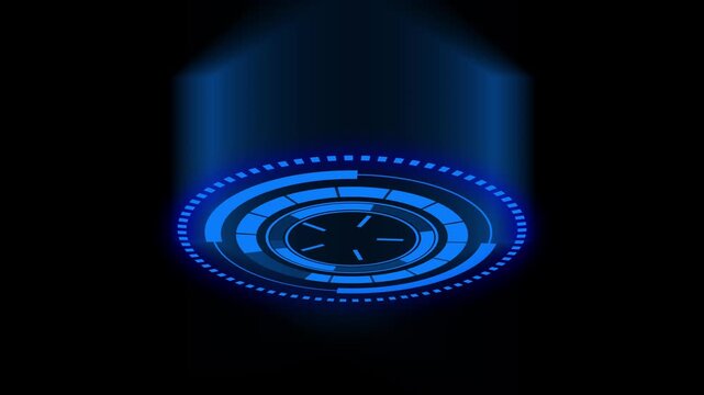 Futuristic blue HUD element projects a focused digital scanning beam. Cyber user interface telemetry powers the blue HUD element. High tech targeting graphics guide this blue HUD element.