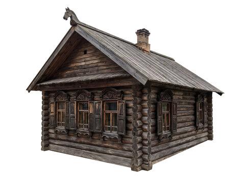 Isolated Traditional Russian Wooden Izba with Horse Ridge Carving and Windows Photo