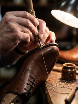 Shoemaker hand stitching leather shoe in workshop