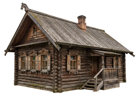 Isolated Traditional Russian Wooden Izba with Horse Ridge Carving and Windows Photo
