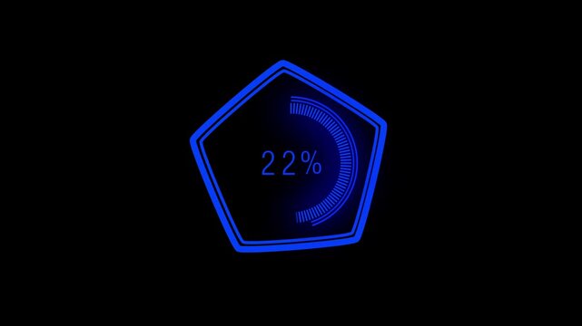 Glowing blue pentagon progress bar tracks data at eleven percent. Futuristic cyber telemetry animates the blue pentagon progress bar. Digital loading status updates on this pentagon progress bar.