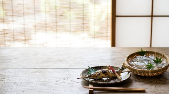 Bright Minimalist Background of Grilled Sweetfish and Bamboo Basket with Copy Space