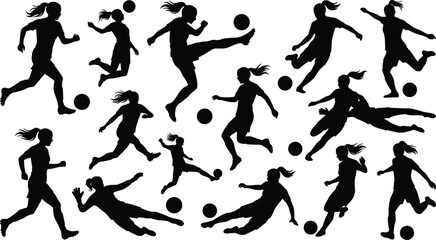 Women soccer players silhouette collection featuring female athletes kicking running sliding and tackling in action vector set © REKSENA