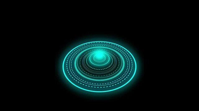 Cyan neon concentric circles expand outward from a glowing center. Digital target reticle pulses inside the neon concentric circles. Cyber tech energy illuminates these neon concentric circles.