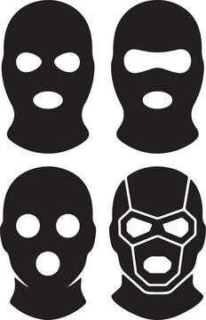 Balaclava mask vector set, black ski mask icons for winter sports and security, 4 criminal face mask silhouettes for graphic design