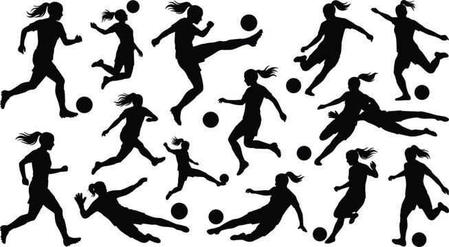 Women soccer players silhouette collection featuring female athletes kicking running sliding and tackling in action vector set