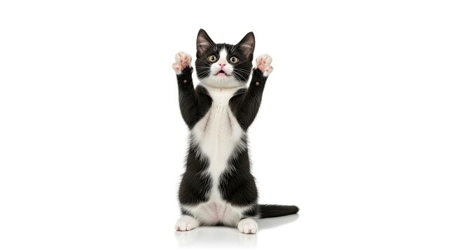 A small black and white kitten stands on its hind legs with its paws raised upwards. The kitten has a curious expression and appears playful.