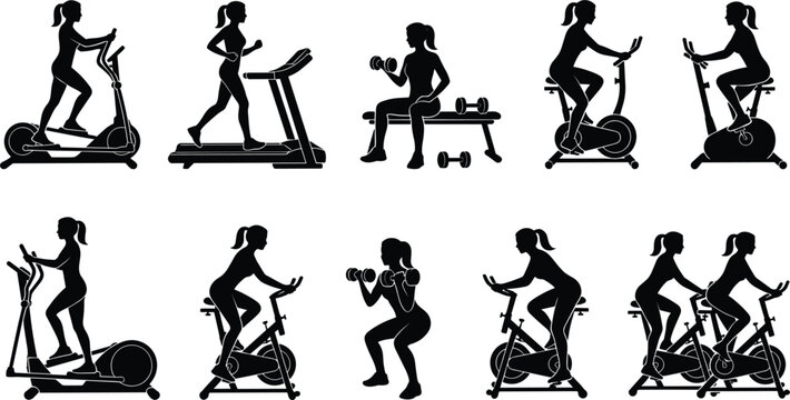 Women workout cardio machine vector silhouette icon set featuring spinning bike elliptical trainer treadmill dumbbell exercise