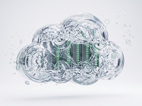 Transparent Crystal Cloud Server 3D Render for Cloud Computing and Data Technology 2027