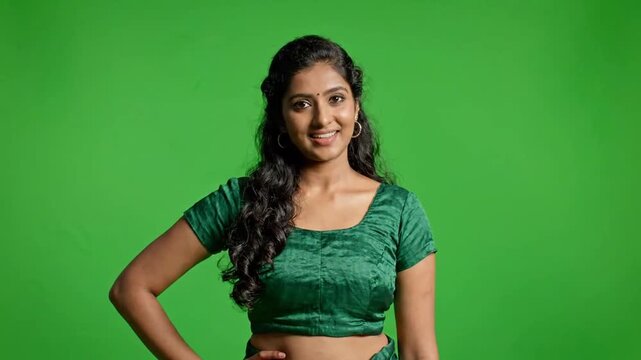 Three poses of woman in green blouse against green screen