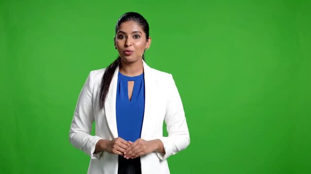 Three poses of woman in white jacket against green backdrop