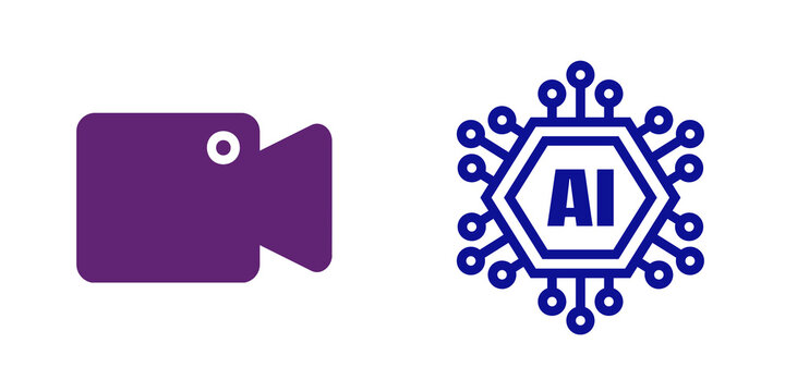 Video camera and AI technology icons isolated on transparent background