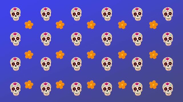 Animated Seamless Pattern of Colorful Skull and Flower Motifs on Blue Background &mdash; Suitable for Halloween Content, Spooky Branding, Apparel, Wrapping Paper, Textiles and Social Media Backgrounds
