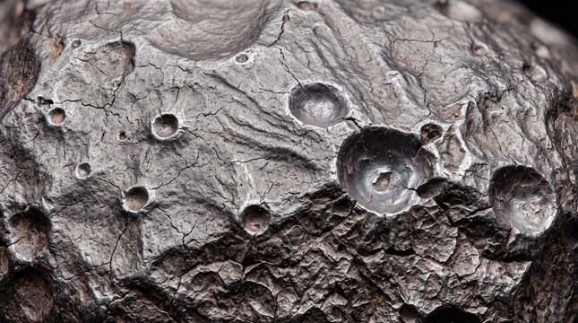 Cratered lunar surface texture, gray volcanic rock with deep impact pits, celestial moon landscape close up, rugged stone mineral background