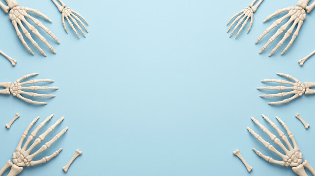 Multiple human skeleton hands arranged as a frame on a solid light blue background with copy space