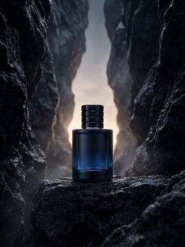 A dark blue perfume bottle stands on rugged rocks in a dramatic, misty canyon with a bright light in the distance.