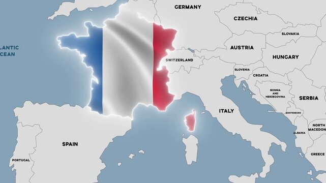 4K animation of a map of France filled with the colors of the French national flag