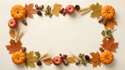 Fototapeta premium Autumn floral frame with pumpkins and colorful fall leaves on white background