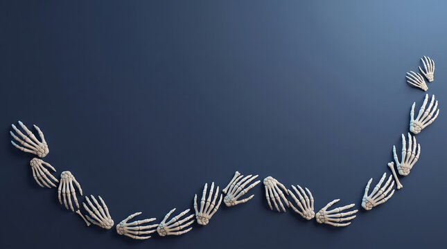 A curved row of realistic human skeleton hands arranged on a dark blue background for halloween