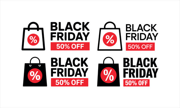 Four black friday sale featuring shopping bags and fifty percent off text labels