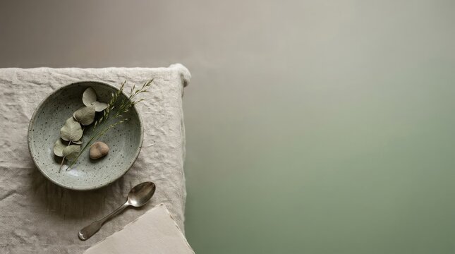 Minimalist table setting with plate spoon and eucalyptus