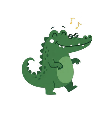 Cute cartoon green crocodile walking and singing with music notes and sunglasses on transparent background. Funny alligator character clipart for children book, sticker and kids design.