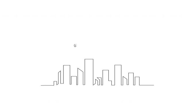 Continuous line city skyline drawing with exploding fireworks