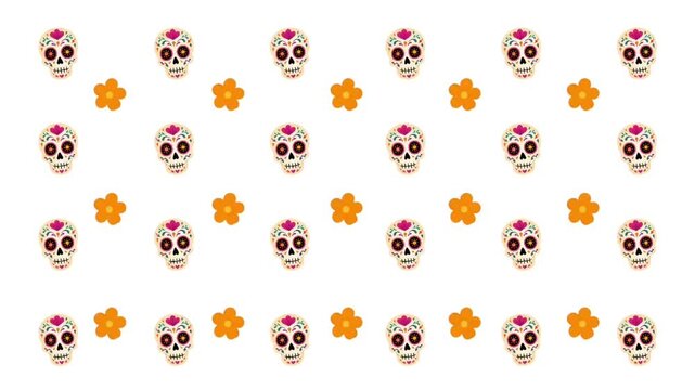 Seamless animated pattern featuring colorful skulls and flowers on a white background, suitable for Halloween content, spooky-themed branding, apparel, wrapping paper, textiles, and social media backg